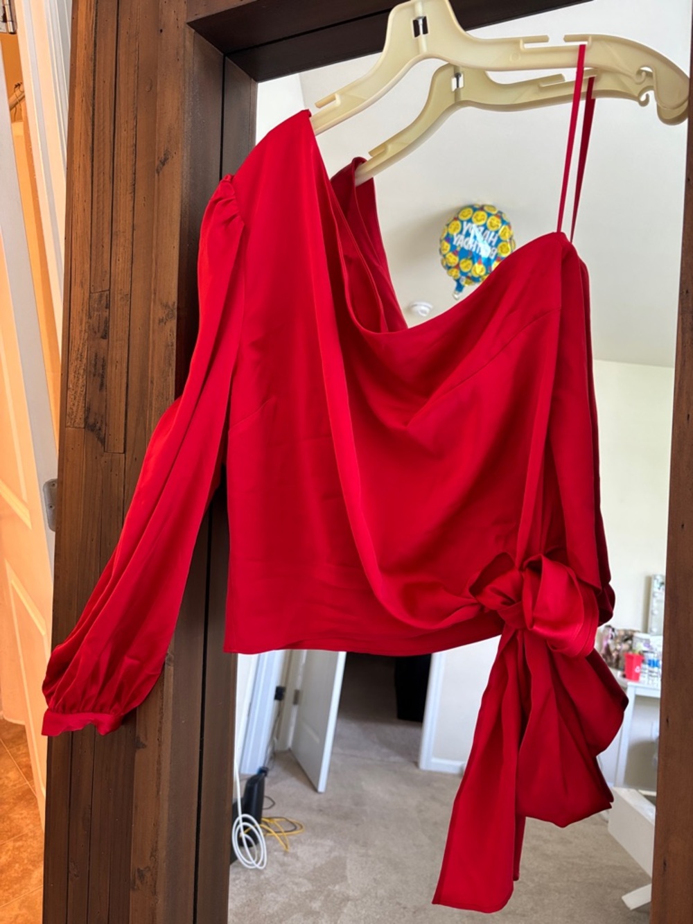 Anthropologie Red One-Shoulder Satin Tie-Waist Blouse with Bow
